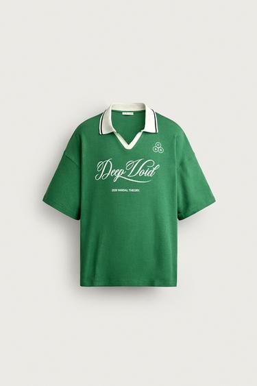 Zara RETRO SOCCER RELAXED-FIT POLO - Green / Ecru