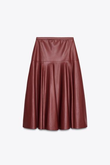 ZW COLLECTION LEATHER EFFECT MIDI SKIRT - Burgundy by Zara - Image 4