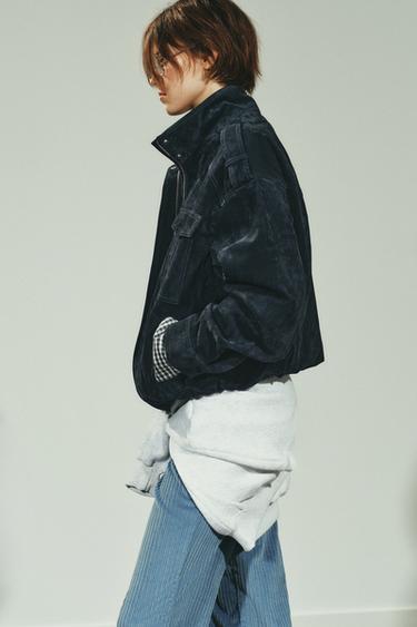 BLOUSON EN CUIR DE DAIM 100% AVEC POCHES - Bleu de Zara - Image 3