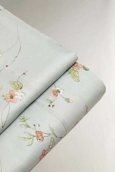 FLORAL BRANCH SATEEN FLAT SHEET (300 THREAD COUNT) - Blue / Green by Zara - Image 3