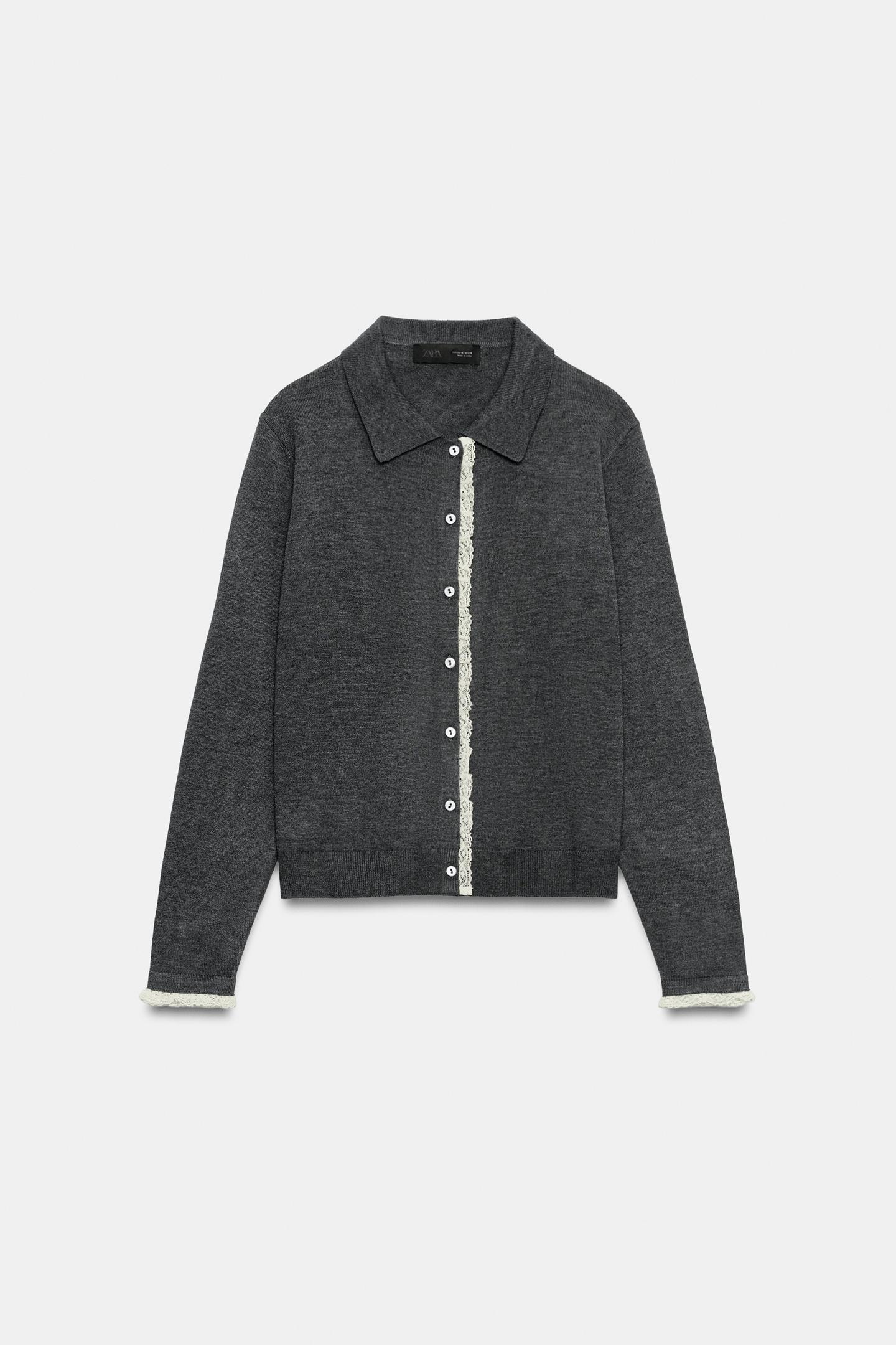 Женский кардиган Zara Contrast Lace-Trim, цвет: Антрацитовый серый — фото 3