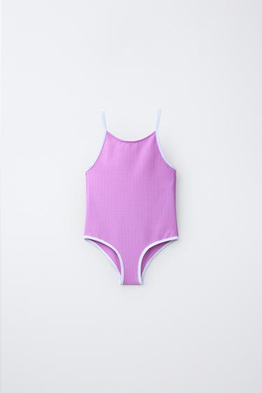 6-14 YEARS/ TEXTURED SWIMSUIT WITH CONTRAST PIPING - Mauve by Zara