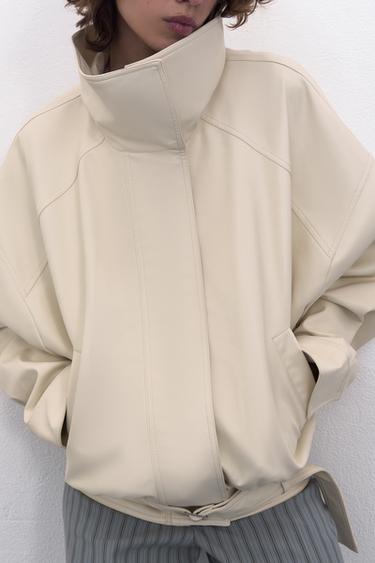 OVERSIZE LEATHER EFFECT BOMBER JACKET - Cream by Zara - Image 2