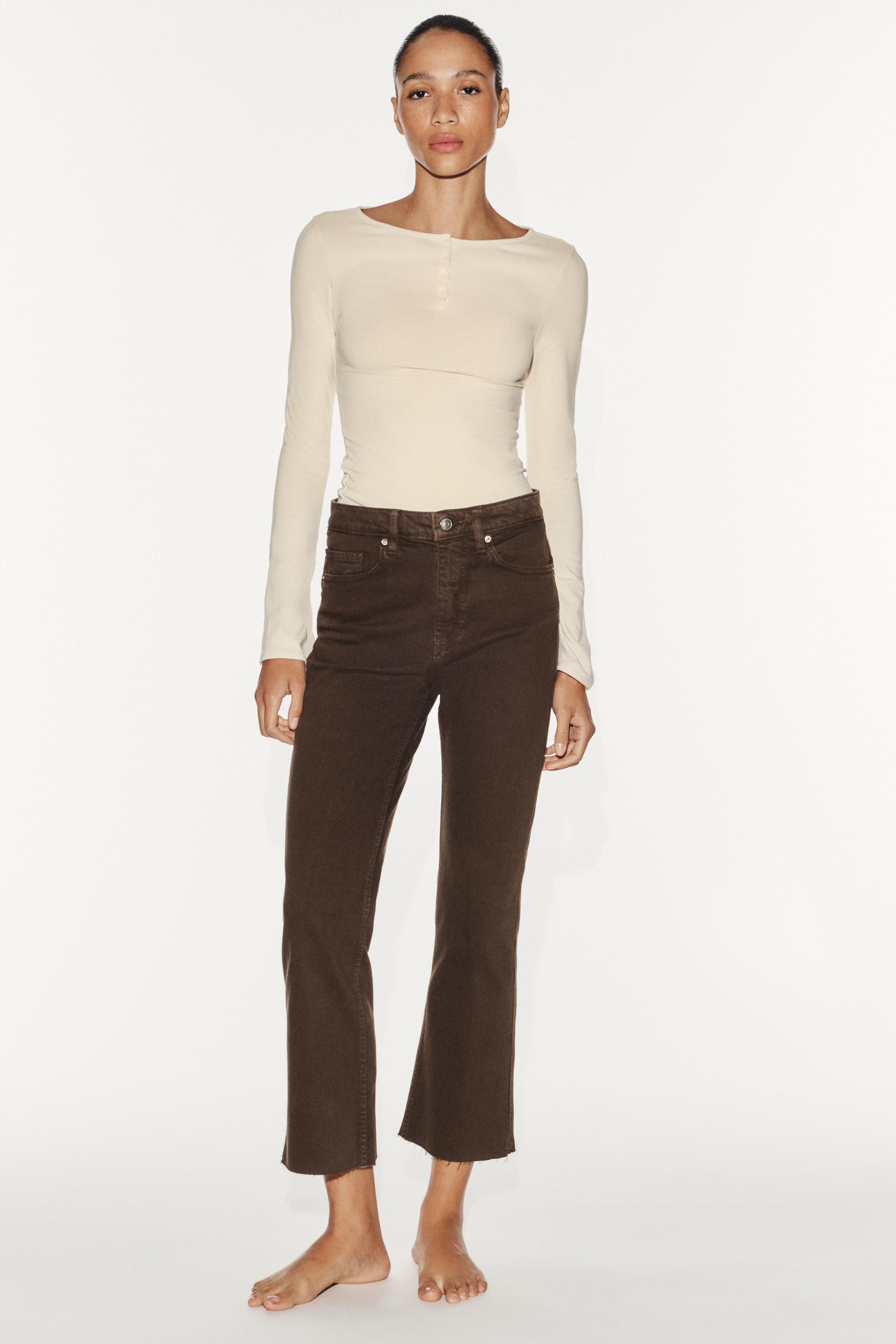 TRF HIGH-RISE CROPPED FLARE JEANS — Brown