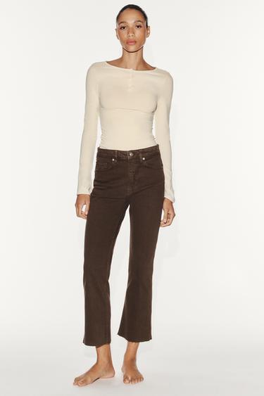 Zara TRF HIGH-RISE CROPPED FLARE JEANS - Brown