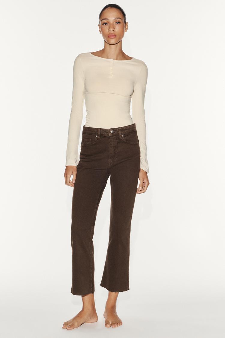 TRF HIGH-RISE CROPPED FLARE JEANS — Brown