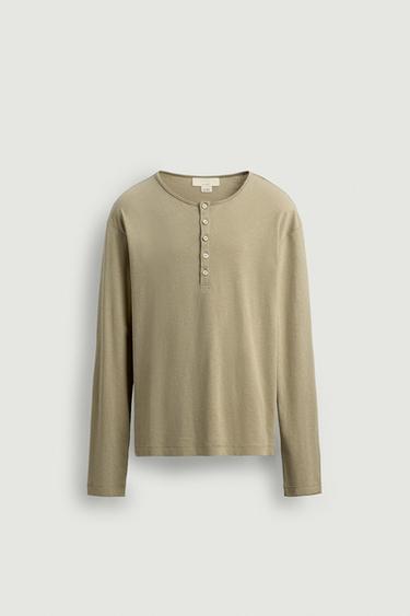 تي شيرت ياقة باناديرو قطن - كتان - بيج داكن الخاص بـ Zara