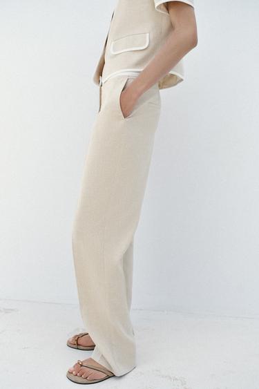 STRAIGHT-LEG LINEN BLEND TROUSERS WITH CONTRAST WAIST - Light beige by Zara - Image 4