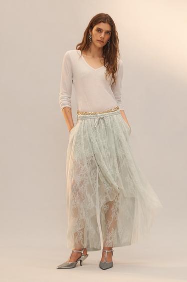 Zara LIMITED EDITION COMBINED LACE PANTS - Sea green