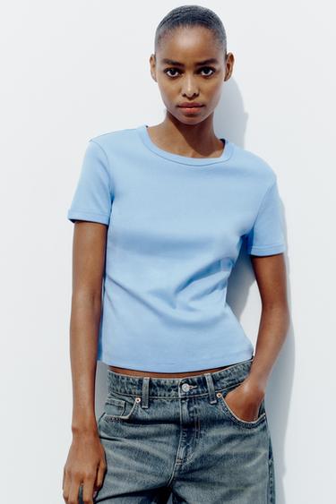T-SHIRT WITH TOPSTITCHED BACK - Light blue by Zara - Image 0