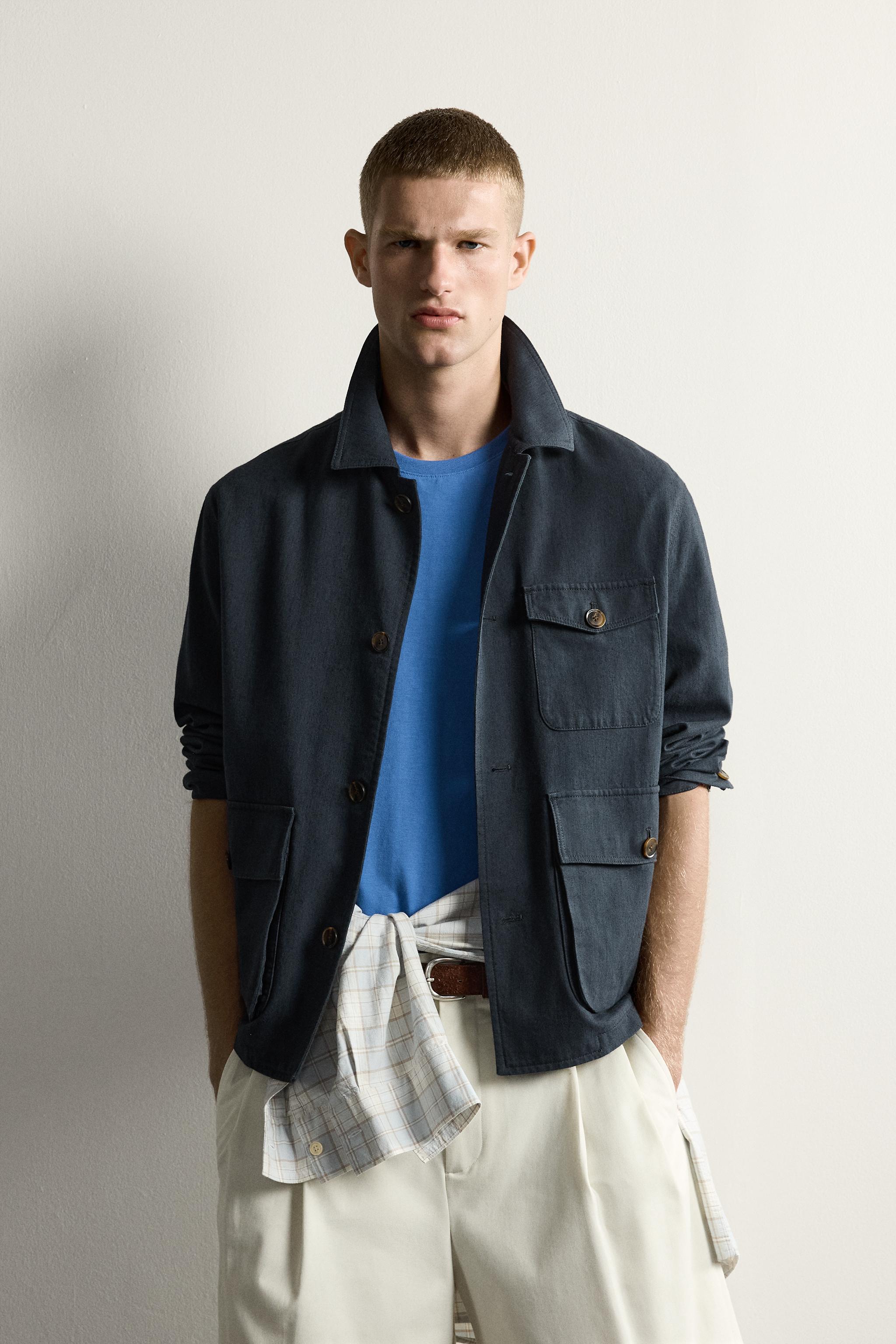 RELAXED FIT POCKET OVERSHIRT — Gray / Blue