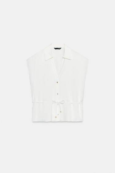 CHEMISE SATINÉE SANS MANCHES AVEC CEINTURE - Blanc de Zara