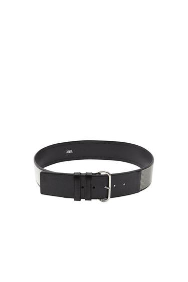 Front view of a black belt with a metal buckle and textured side detail.