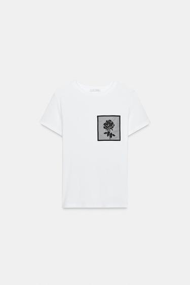 T-SHIRT WITH FLOWER POCKET - White by Zara