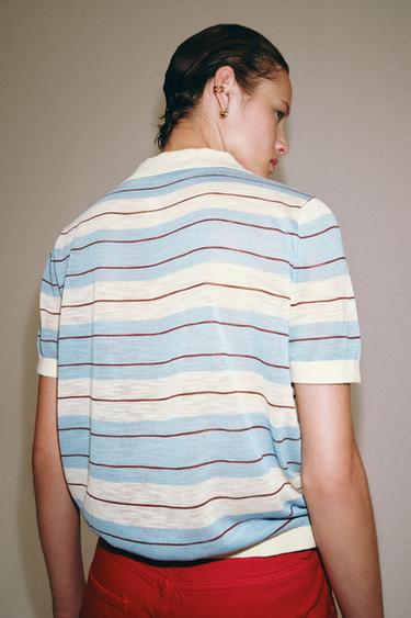 YOʻL-YOʻL TRIKOTAJ POLO TOP - Ekryu/koʻk Zara tomonidan