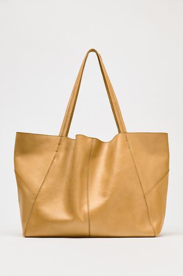 LEATHER MAXI TOTE BAG WITH TOPSTITCHING - camel by Zara - Image 0