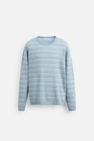 Zara 100% LINEN STRIPED SWEATER - Sky blue