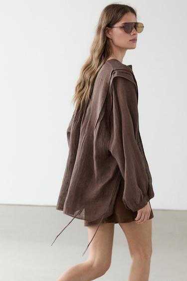 Zara Flowing oversize linen blouse with ruffles - Brown