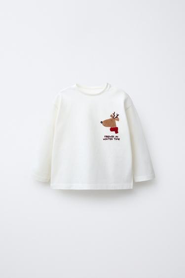 Zara FLOCKED REINDEER T-SHIRT - Ecru - Image 0