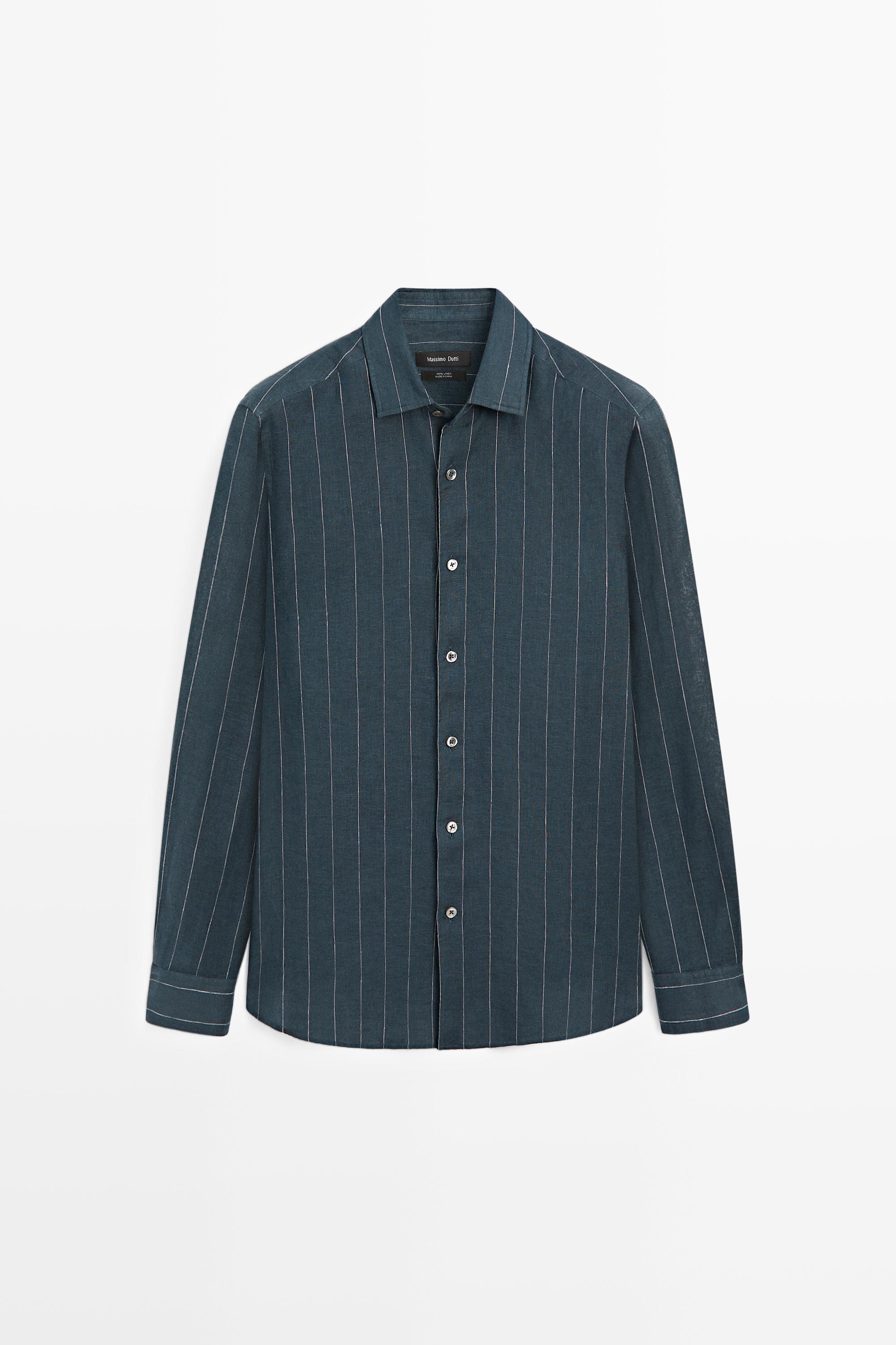 Regular fit striped 100% linen shirt