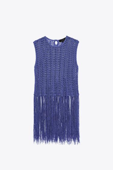 FRINGED CROCHET KNIT TOP - Blue by Zara - Image 0