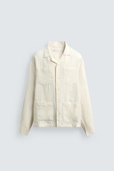 릴렉스핏 100% 린넨 플리츠 셔츠 - Zara 크림