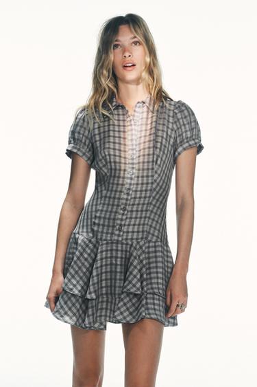 Zara PLAID RUFFLED SHORT DRESS - Grays - Image 0