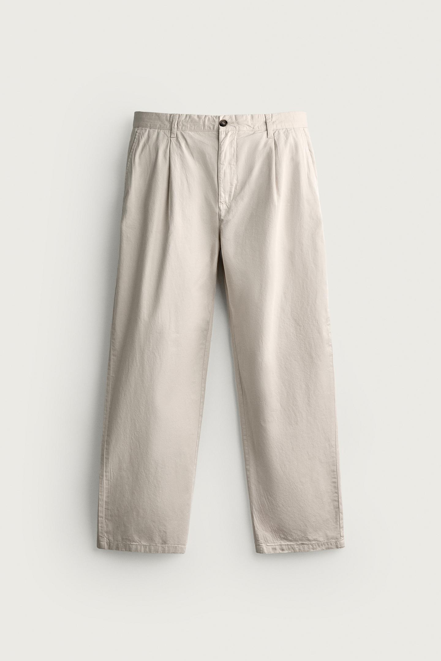 Мужские брюки Zara Pleated Straight Fit Chino, цвет: Экрю — фото 7