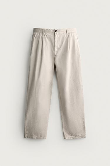 Zara PLEATED STRAIGHT FIT CHINO PANTS - Ecru