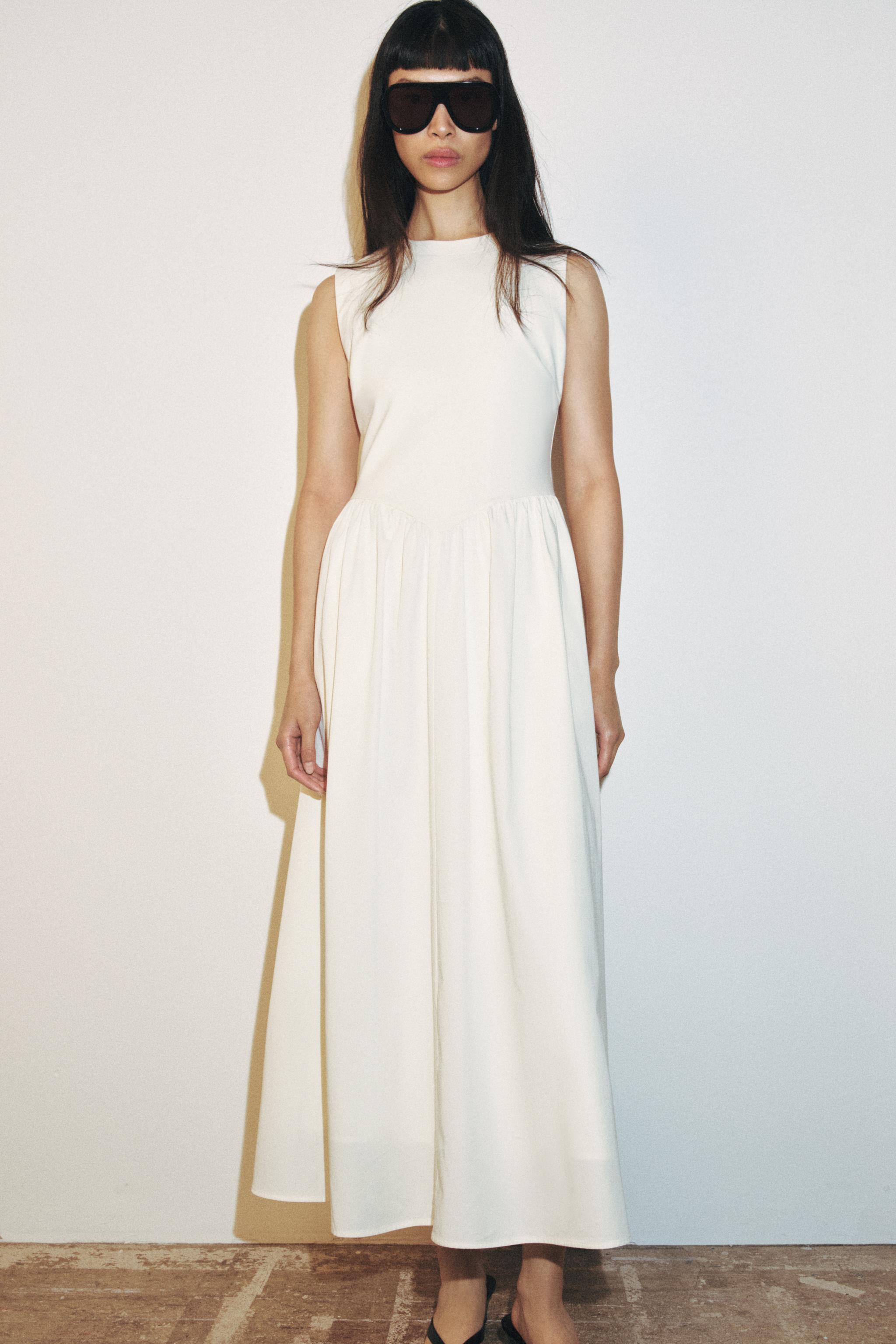 knee length dresses for ladies ZARA MOST WANTED ECRU GREEN LEAF MIDI TEA DRESS Ladies  Afashionistastore