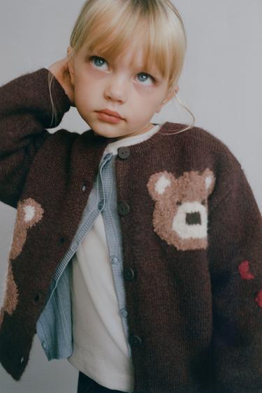 Zara BEAR AND HEART KNIT CARDIGAN - Chocolate