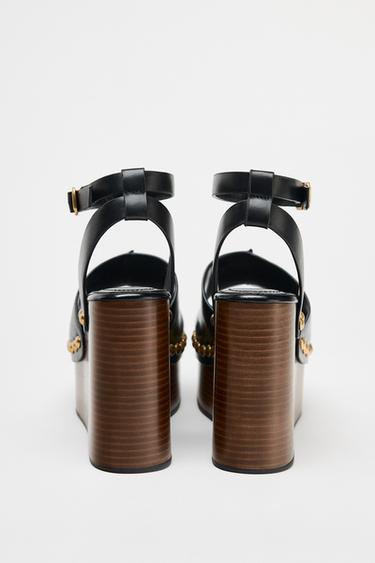 LEATHER WEDGE SANDALS WITH STUDS - Black by Zara - Image 5