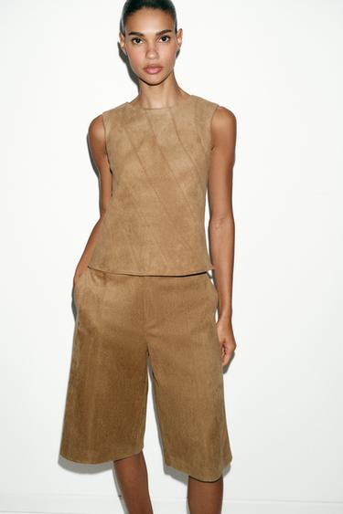 Zara FAUX SUEDE LONG SHORTS - Mid-camel