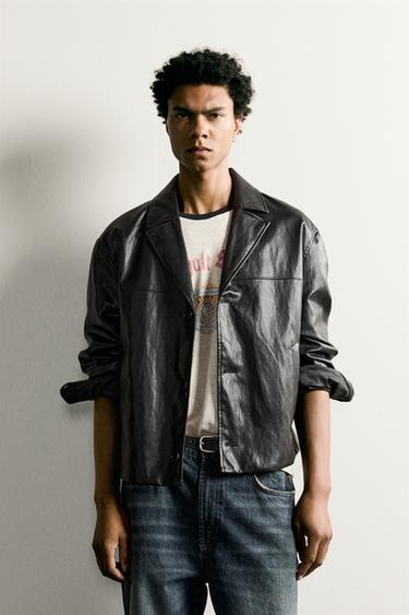 CROPPED FIT LEATHER EFFECT JACKET - Black by Zara