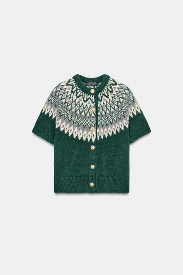 Zara SHORT SLEEVE JACQUARD KNIT JACKET - Green - Image 0
