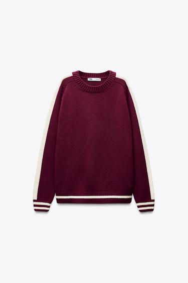 Zara KNIT SWEATER WITH PIPING - Burgundy