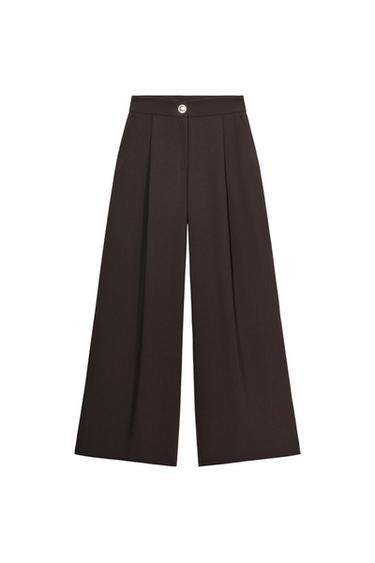 PALAZZO TROUSERS WITH GOLDEN BUTTON - Brown by Zara