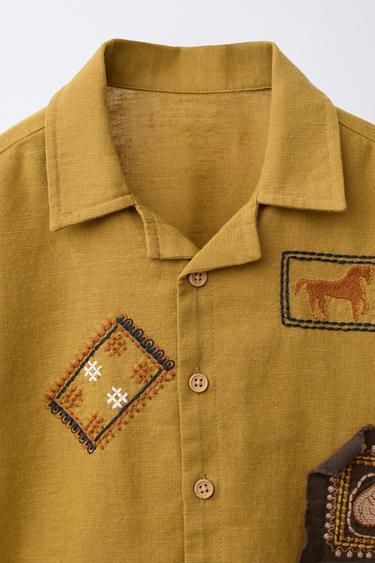 COTTON AND LINEN BOWLING SHIRT WITH PATCHES - Olive green by Zara - Image 2