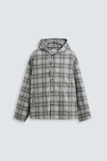 Zara HOODED PLAID OVERSHIRT - Gray