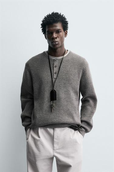 RIBBED BUTTON-NECK JUMPER - Grey by Zara