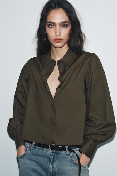 PUFF SLEEVE POPLIN SHIRT ZW COLLECTION - Khaki by Zara