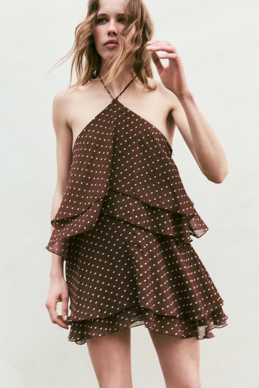 RUFFLED POLKA DOT HALTER DRESS - Brown / White | ZARA United States RUFFLED POLKA DOT HALTER DRESS - Brown / White | ZARA United States
