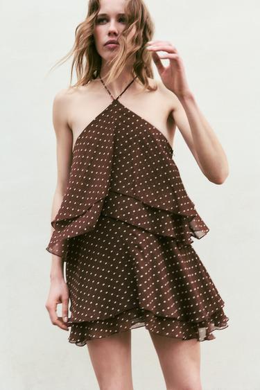 Zara RUFFLED POLKA DOT HALTER DRESS - Brown / White