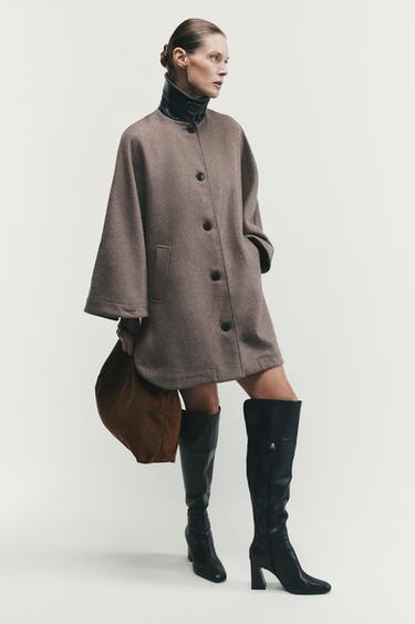 Zara CONTRAST COLLAR WOOL BLEND CAPE COAT - Dark mink