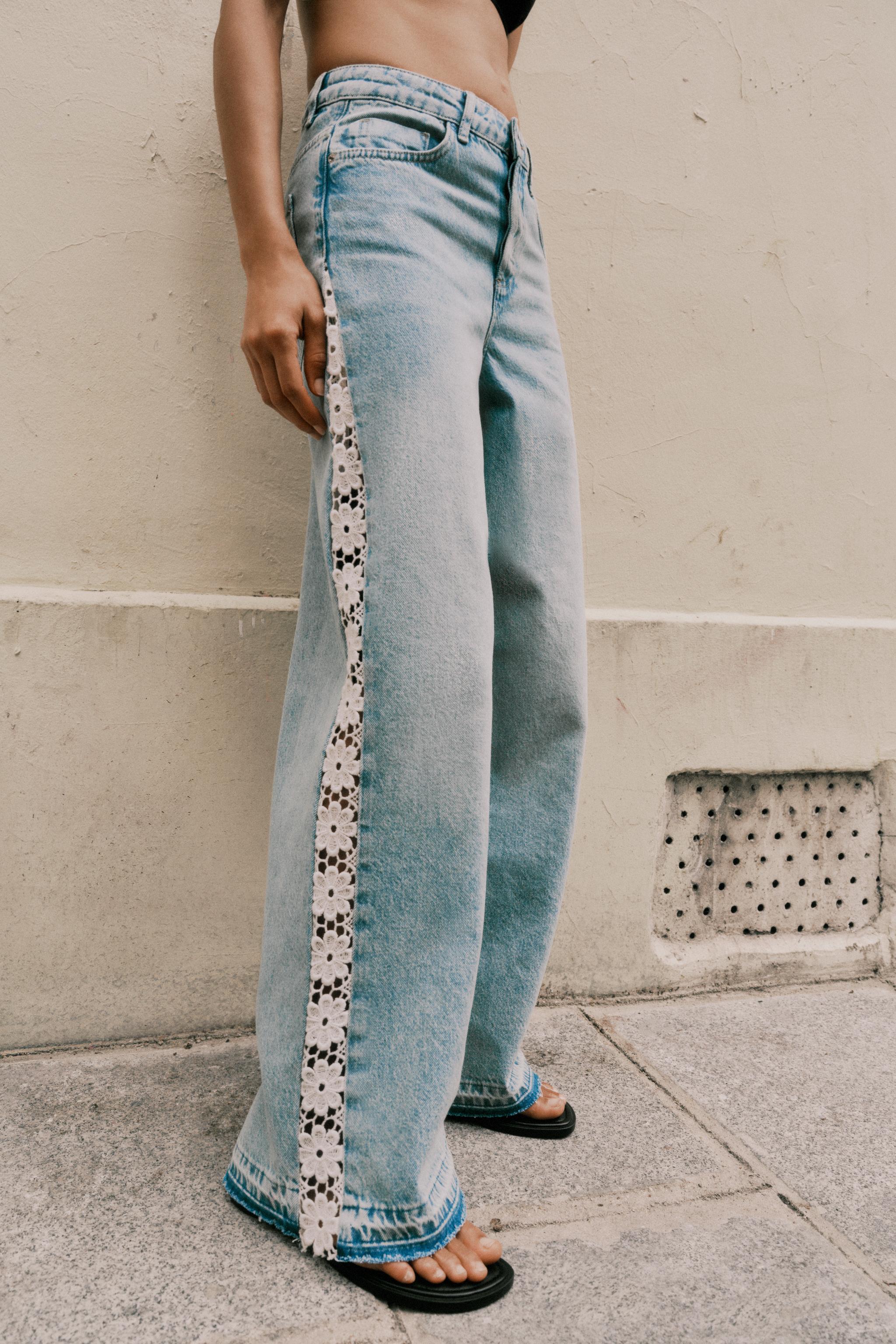 【新品】ZARA 140cm Z1975 HIGH WAIST WIDE LEG JEANS WITH CROCHET DETAIL - Mid