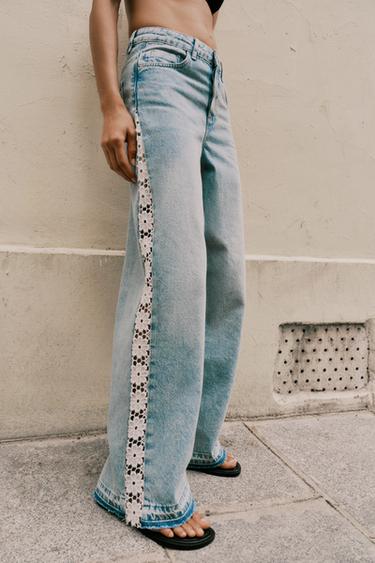 Z1975 WIDE-LEG HIGH-WAIST JEANS WITH CROCHET TRIM - Mid-blue by Zara - Image 4