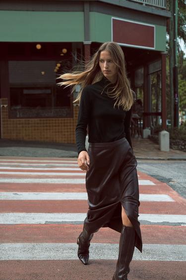 Zara 人造皮革中長裙 - 棕色