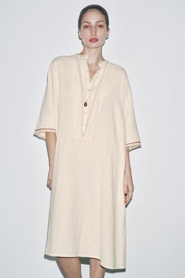 KAFTÁN CON LINO CONTRASTE LIMITED EDITION - Blanco roto de Zara