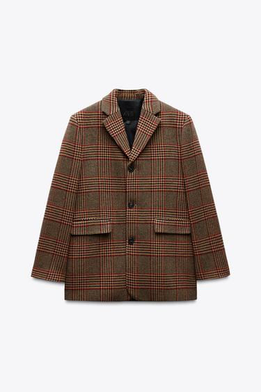 Zara WOOL BLEND PLAID BLAZER ZW COLLECTION - Brown