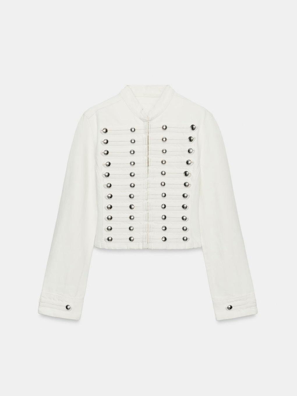White long-sleeved high-neck jacket, military design with horizontal stitching and rows of silver buttons on the front.